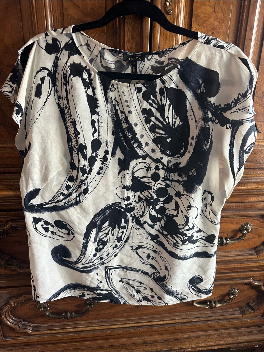 Escada Black and White Abstract Silk Blouse